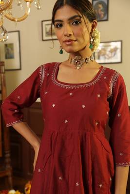 Maroon embroidered chanderi stitched anarkali set with dupatta 4