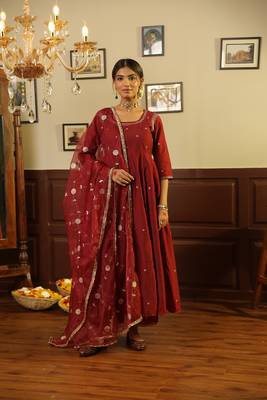 Maroon embroidered chanderi stitched anarkali set with dupatta 5