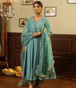 Green embroidered chanderi stitched anarkali set with dupatta