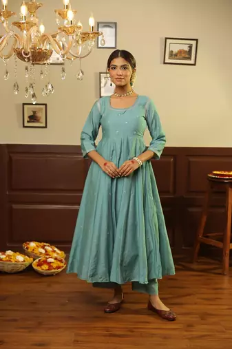 Green embroidered chanderi stitched anarkali set with dupatta