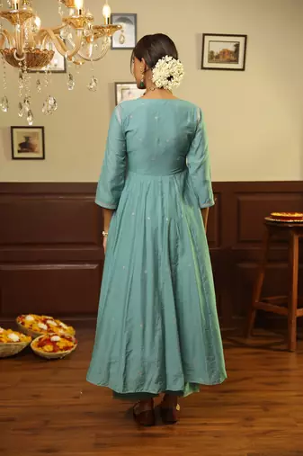 Green embroidered chanderi stitched anarkali set with dupatta