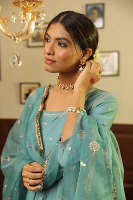 Green embroidered chanderi stitched anarkali set with dupatta 4