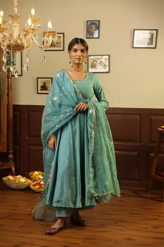 Green embroidered chanderi stitched anarkali set with dupatta