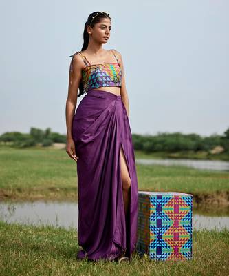 Purple satin embroidery  skirt set 1