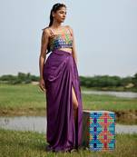 Purple satin embroidery  skirt set