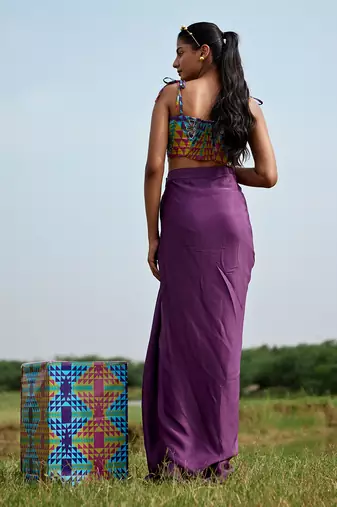 Purple satin embroidery  skirt set