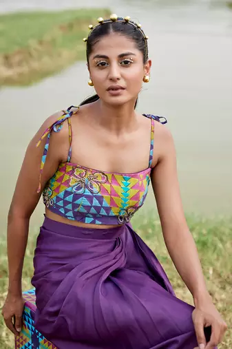 Purple satin embroidery  skirt set