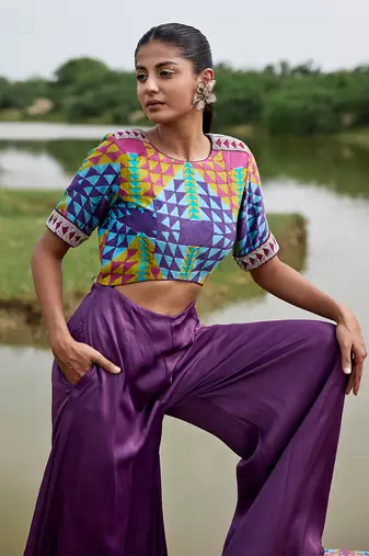 Purple satin embroidery  jumpsuit