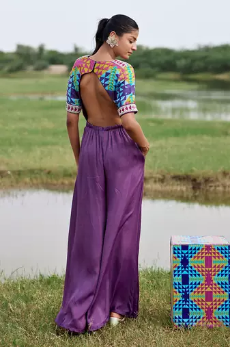Purple satin embroidery  jumpsuit