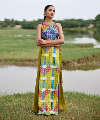 Green satin embroidery  co-ord set 1