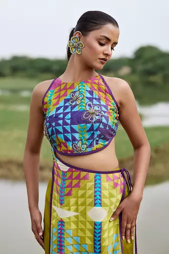 Green satin embroidery  co-ord set