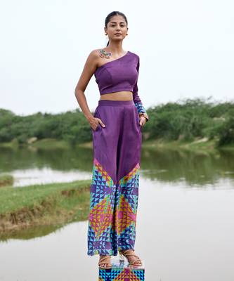 Purple satin embroidery  co-ord set 1
