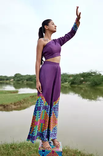 Purple satin embroidery  co-ord set