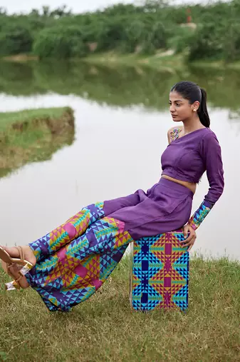 Purple satin embroidery  co-ord set
