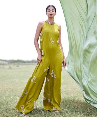 Green satin embroidery  jumpsuit 1