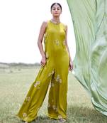 Green satin embroidery  jumpsuit