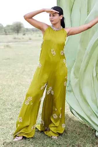Green satin embroidery  jumpsuit