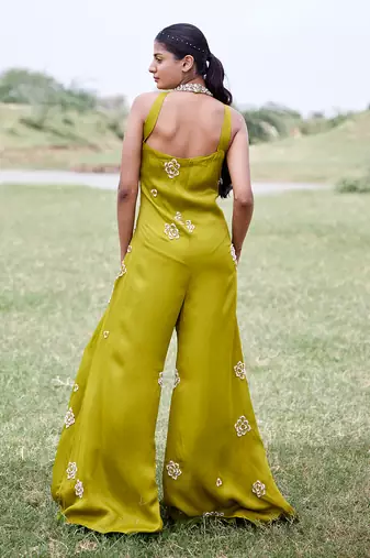 Green satin embroidery  jumpsuit