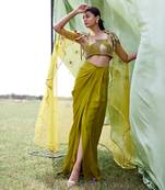 Green satin embroidery  skirt set