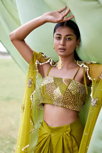 Green satin embroidery  skirt set