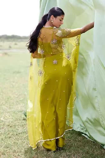Green satin embroidery  skirt set