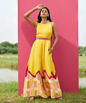 Yellow satin embroidery  jumpsuit 1