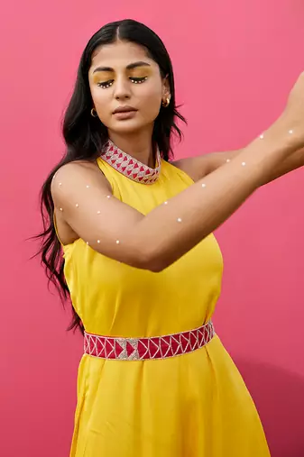 Yellow satin embroidery  jumpsuit