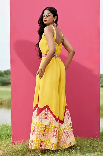 Yellow satin embroidery  jumpsuit