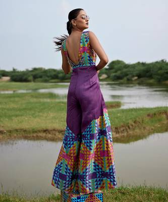 Purple satin embroidery  jumpsuit 2