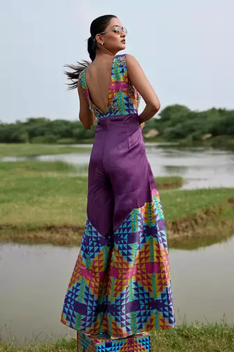 Purple satin embroidery  jumpsuit