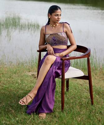 Purple satin embroidery  skirt set 1