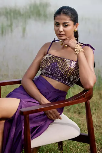 Purple satin embroidery  skirt set