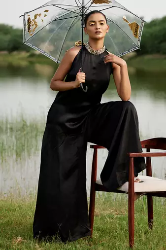 Black satin embroidery  jumpsuit