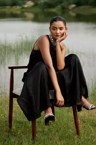 Black satin embroidery  jumpsuit