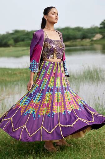 Purple Satin Embroidery Lehanga Set
