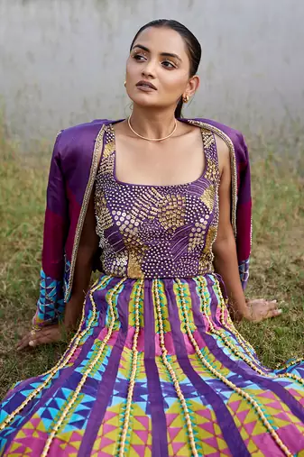 Purple Satin Embroidery Lehanga Set