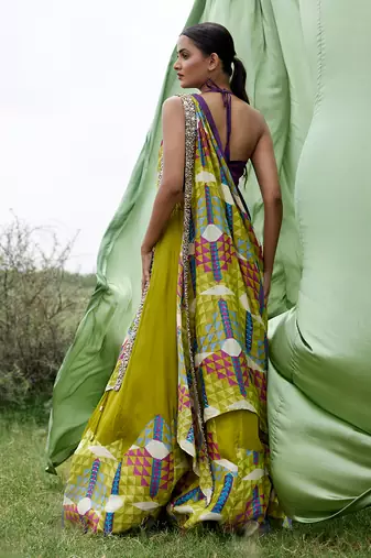Green Satin Embroidery Lehanga Set