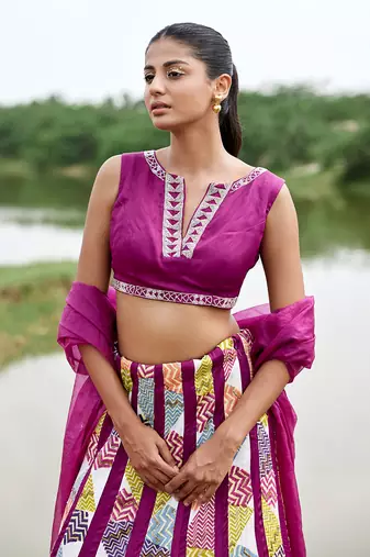 Purple Satin Embroidery Lehanga Set