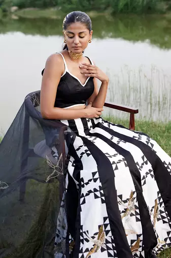 Black Satin Embroidery Lehanga Set