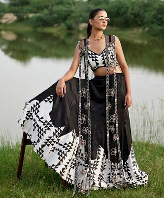 Black Satin Embroidery Lehanga Set 1