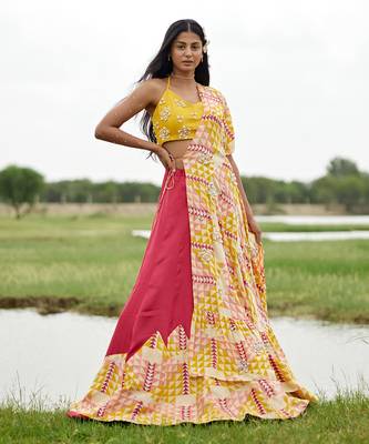 Yellow Satin Embroidery Lehanga Set 1