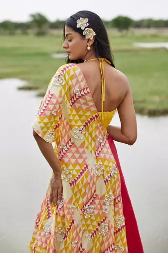 Yellow Satin Embroidery Lehanga Set
