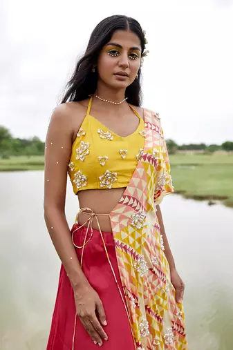 Yellow Satin Embroidery Lehanga Set