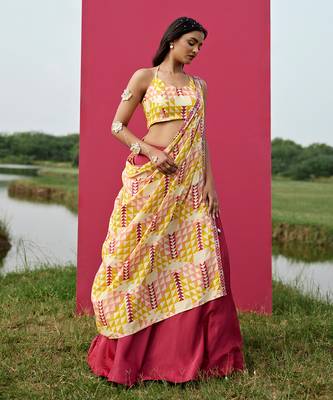 Yellow Satin Embroidery Lehanga Set 1