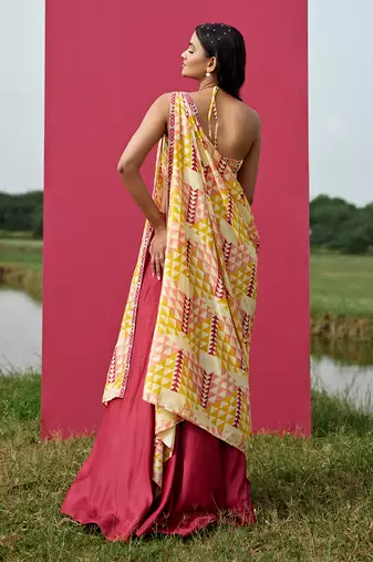 Yellow Satin Embroidery Lehanga Set