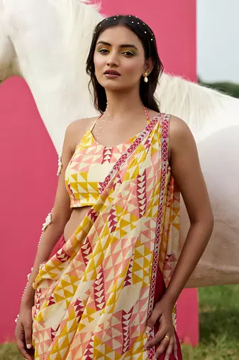 Yellow Satin Embroidery Lehanga Set