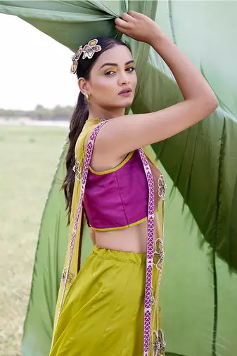 Green SATIN Embroidery Lehanga Set