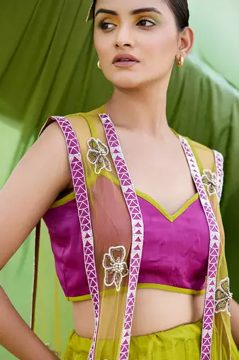 Green SATIN Embroidery Lehanga Set