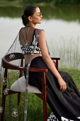 Black Satin Embroidery Lehanga Set