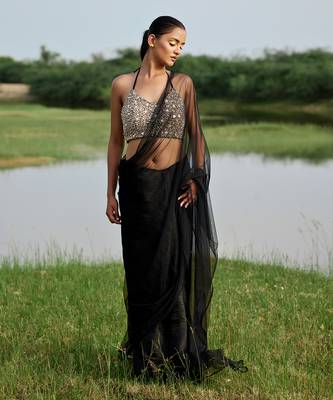 Black net saree with blouse 1